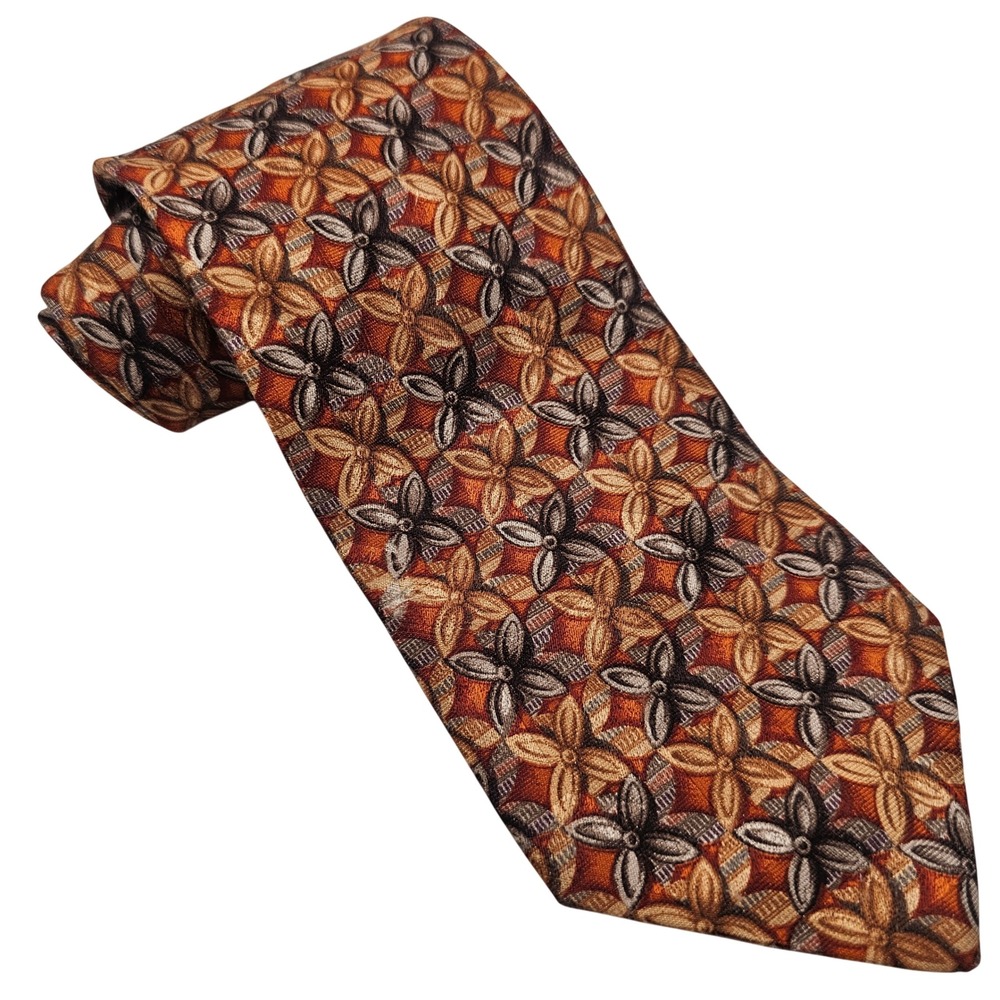 Ermenegildo‎ Zegna Silk Tie Wide Vintage Geometric Brown Orange Italy Designer